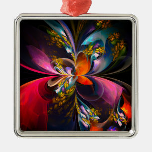 Ornement Carré Argenté Floral moderne Art Abstrait Rouge Bleu Motif #13
