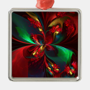 Ornement Carré Argenté Floral moderne Art Abstrait Rouge Vert Motif #11