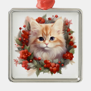 ORNEMENT CARRÉ ARGENTÉ FLUFY WATERCOLOR VACANCES NOËL ORANGE CAT