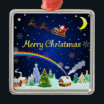 Ornement Carré Argenté Flying Santa Claus with Crescent Moon<br><div class="desc">De belles chutes de neige avec des arbres de Noël,  des maisons,  un homme de la neige et un arc-en-ciel qui tombe du ciel. Le Père Noël survole la lune du croissant de Noël.</div>