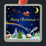 Ornement Carré Argenté Flying Santa Claus with Crescent Moon<br><div class="desc">De belles chutes de neige avec des arbres de Noël,  des maisons,  un homme de la neige et un arc-en-ciel qui tombe du ciel. Le Père Noël survole la lune du croissant de Noël.</div>