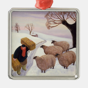 Ornement Carré Argenté Foin de transport aux moutons en hiver
