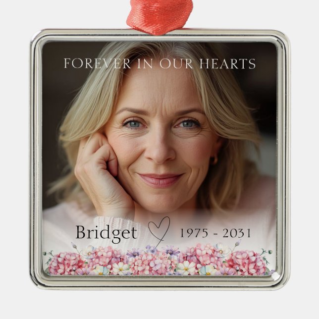 Ornement Carré Argenté Forever In Our Hearts Pink Hydrangea Remembrance (Devant)