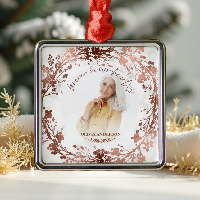 Ornement Carré Argenté Forever In Our Hearts Rose Foil Photo Memorial (Créateur téléchargé)