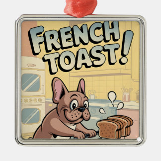 Ornement Carré Argenté French Bulldog Breakfast Cartoon Art