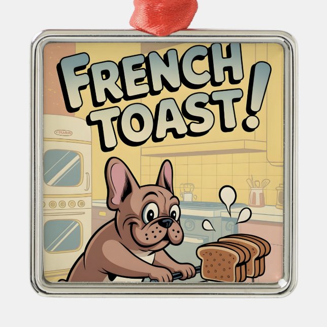 Ornement Carré Argenté French Bulldog Breakfast Cartoon Art (Devant)