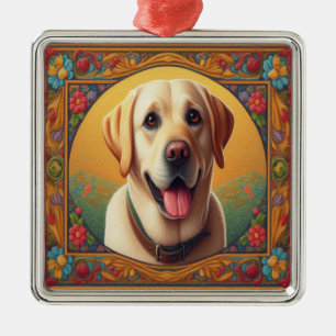 Ornement Carré Argenté Frontière colorée du chien de trieur du Labrador f