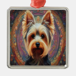 Ornement Carré Argenté Frontière colorée du Yorkshire Terrier chien réali