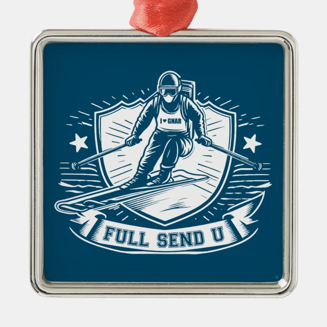 Ornement Carré Argenté Full Send University Skiing (Devant)