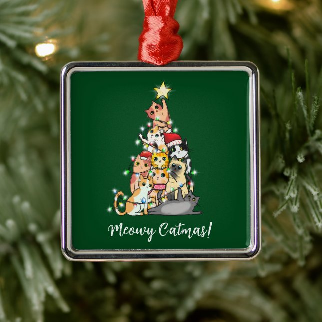 Ornement Carré Argenté Funny Meowy Catmas Chats Noël Arbre (Arbre)