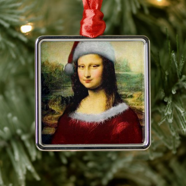 Ornement Carré Argenté Funny Père Noël Mona Lisa Joyeux Noël (Arbre)