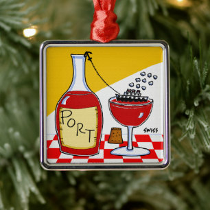 Ornement Carré Argenté Funny Port Wine Cartoon Christmas Metal Ornament