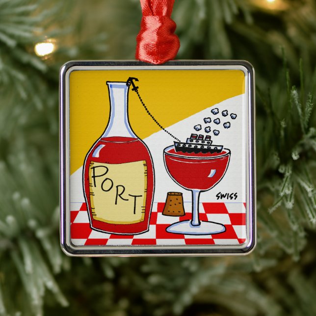 Ornement Carré Argenté Funny Port Wine Cartoon Christmas Metal Ornament (Arbre)