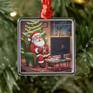 Ornement Carré Argenté Gamer Santa Ornament