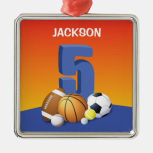 Ornement Carré Argenté Garçon 5ème Anniversaire Ballons de Sport