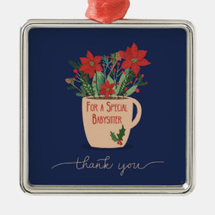 Ornement Carré Argenté Garde d'enfants Merci à Noël Poinsettias