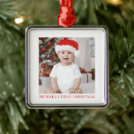 Ornement Carré Argenté Garde photo Baby First Christmas<br><div class="desc">Capturez le premier Noël du bébé avec une photo de vacances et customisez avec le nom du bébé. Ajoutez la photo et le nom de votre bébé pour créer une tradition de vacances joyeuse que vous adorerez apporter année après année.</div>