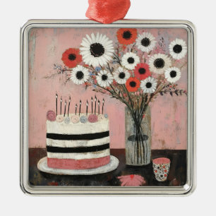Ornement Carré Argenté Gâteau d'anniversaire chic et fleurs de Gerbera
