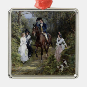 Ornement Carré Argenté Gentilhomme à cheval rencontrant des dames dans un