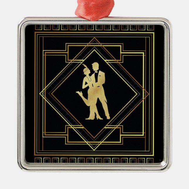 Ornement Carré Argenté Géométrique Art Déco en noir et or (Devant)