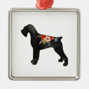 Ornement Carré Argenté Giant Schnauzer Dog NC Boho Floral Silhouette