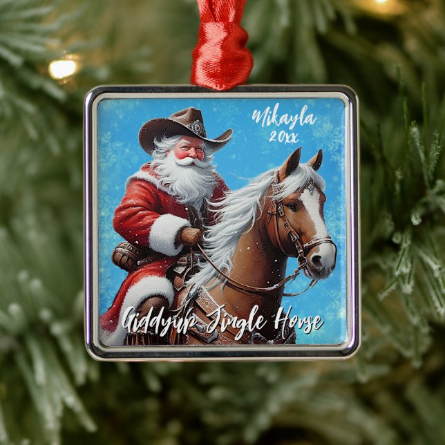 Ornement Carré Argenté Giddyup Jingle Horse Noël au Père Noël (Arbre)
