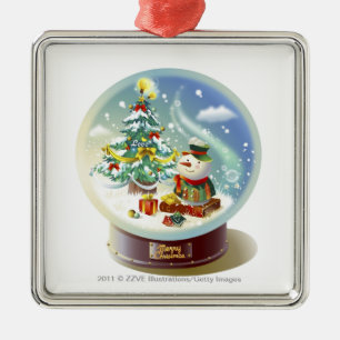 Ornement Carré Argenté Globe de neige avec le bonhomme de neige et