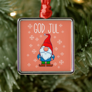 Ornement Carré Argenté God Jul, Swedish Tomte Gnome, Merry Scandinave