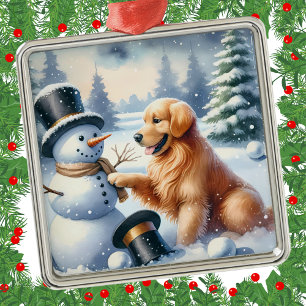 Ornement Carré Argenté Golden Retrior Noël Snowman Holiday