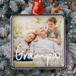 Ornement Carré Argenté Grampa Photo Noël Vacances Moderne Élégant Chic<br><div class="desc">Design est composé de typographie chic moderne avec sans serif et serif police. Ajoutez une photo personnalisée de grand-père et de l'année.</div>