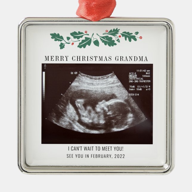 Ornement Carré Argenté Grand-mère Joyeux Noël Grossesse Ultrasound Photo (Devant)