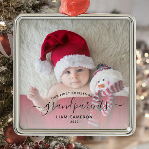 Ornement Carré Argenté Grand-parents First Christmas Photo Script noir