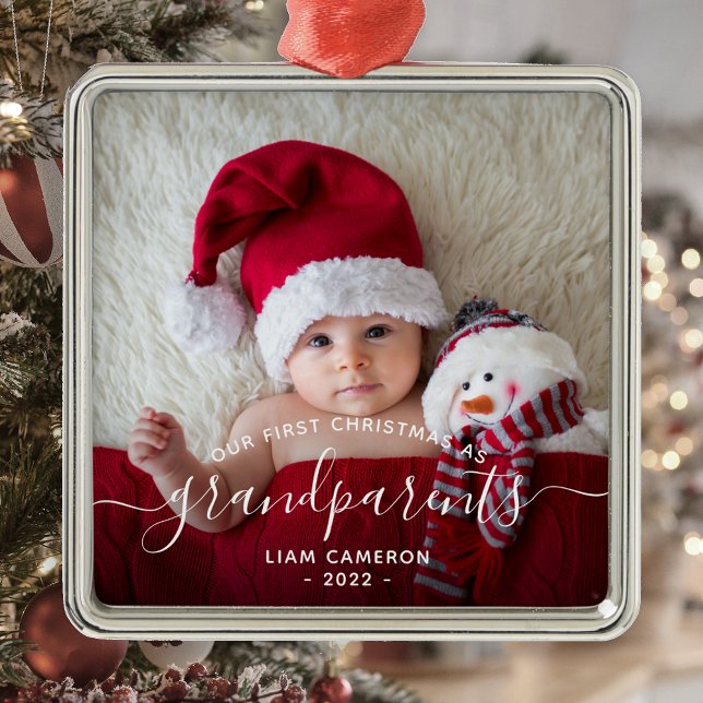 Ornement Carré Argenté Grand-parents First Christmas Photo White Script (Créateur téléchargé)