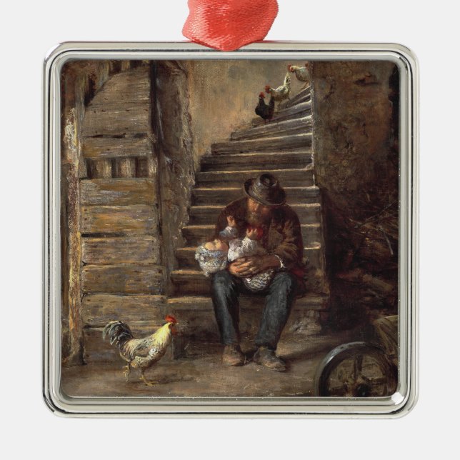 Ornement Carré Argenté Grand-Père S'Occupe De Son Petit-Fils (Devant)