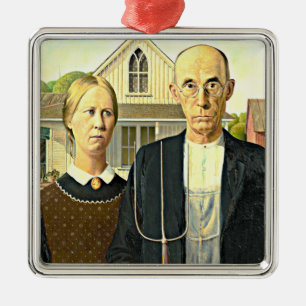Ornement Carré Argenté Grant Wood - American Gothic, célèbre art American