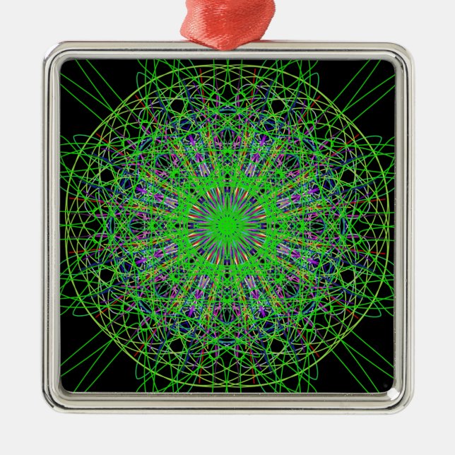 Ornement Carré Argenté Green Black Kaleidoscope Mandala Art (Devant)