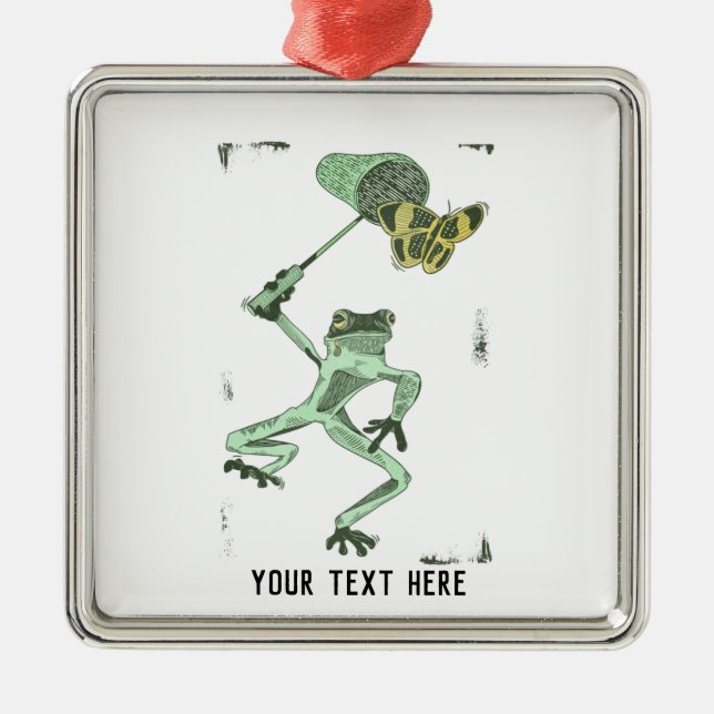 Ornement Carré Argenté Grenouille amusante pourchassant un papillon (Devant)