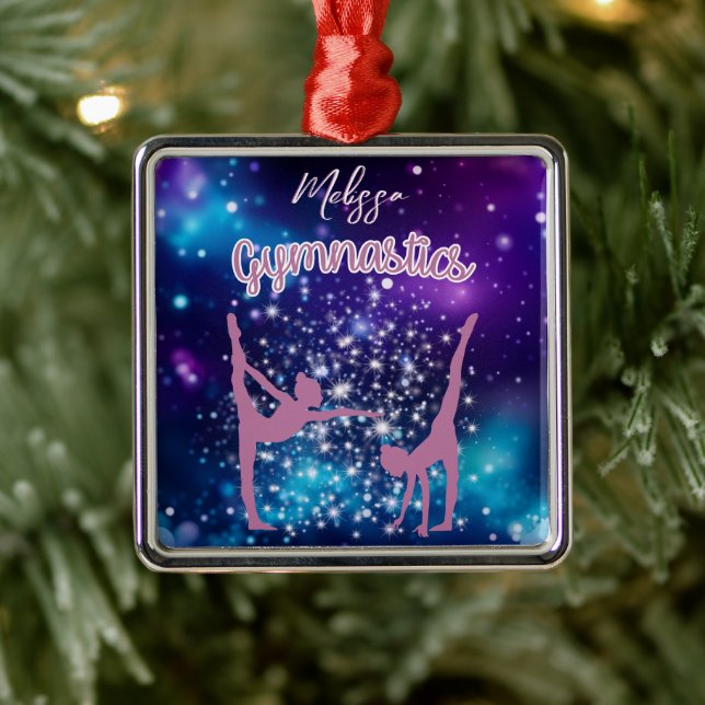Ornement Carré Argenté Gymnastique Galaxie Purple Turquoise Personnalisé (Arbre)