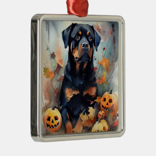 Ornement Carré Argenté Halloween Rottweiler avec la peur Citrouille