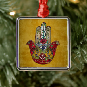 Ornement Carré Argenté Hamsa Rouge Oiseau Cœur Grenade Rubis