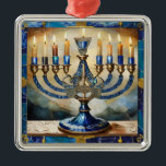 Ornement Carré Argenté Hanoukka bleue Menorah<br><div class="desc">Vous regardez The Lee Hiller Photography Art and Designs Collection of Home and Office Decor,  Apparel,  Gifts and Objets de collection. Les conceptions incluent Lee Hiller Photography et Mixed Media Art numérique Collection http://LeeHiller.com</div>