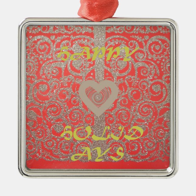 Ornement Carré Argenté Happy Holidays Red Glitter heart design (Devant)