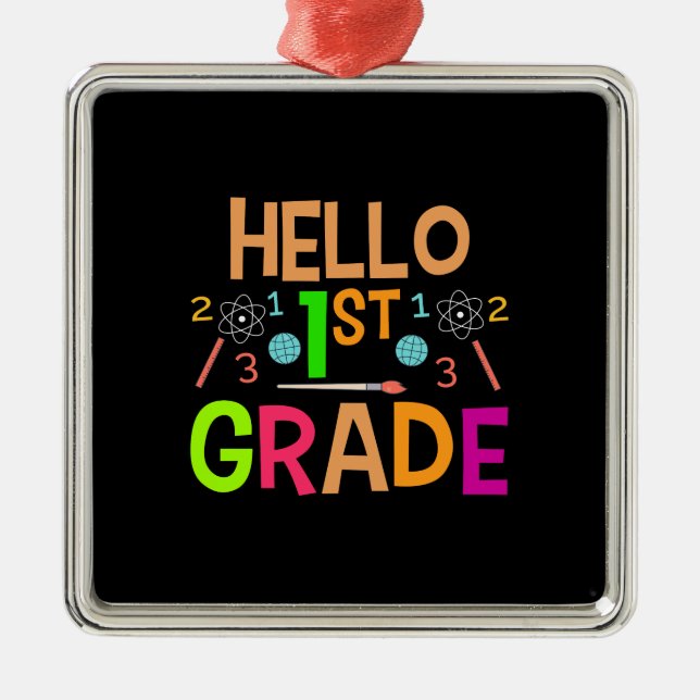 Ornement Carré Argenté Hello 1st Grade (Devant)