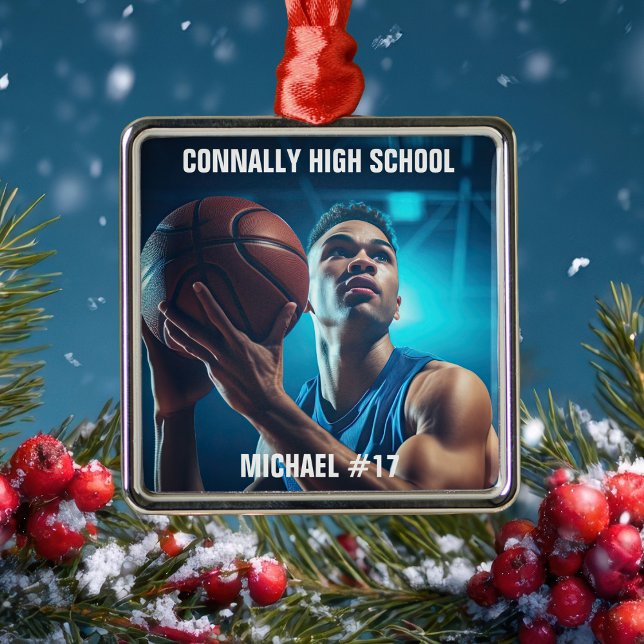 Ornement Carré Argenté High School Basketball Player Photo Christmas (Créateur téléchargé)