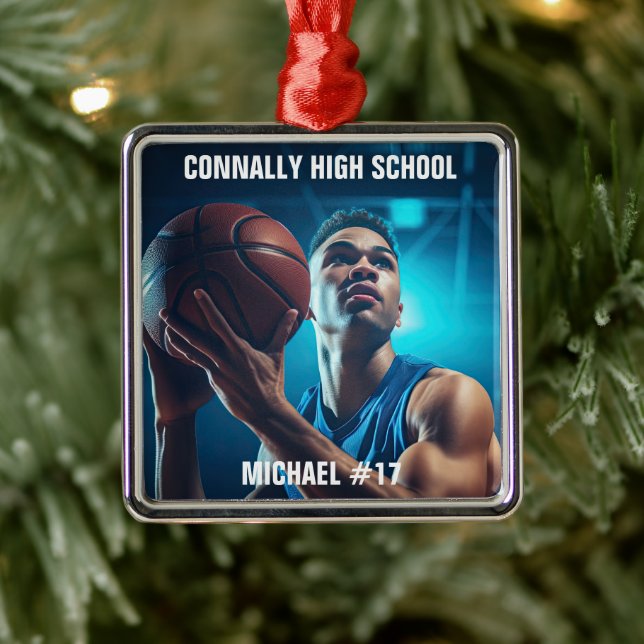 Ornement Carré Argenté High School Basketball Player Photo Christmas (Arbre)