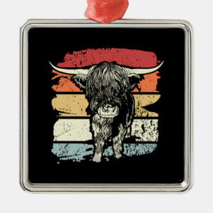 Ornement Carré Argenté Highland Cow Highland Cows Retro