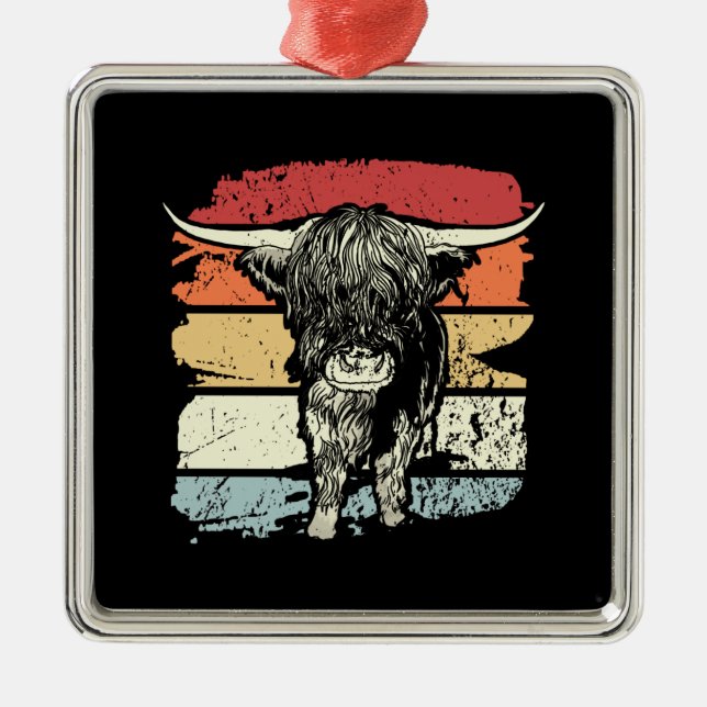 Ornement Carré Argenté Highland Cow Highland Cows Retro (Devant)