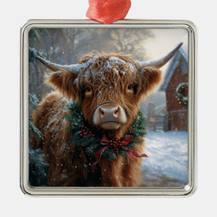 Ornement Carré Argenté Highland Cow Rustic Barnyard Noël