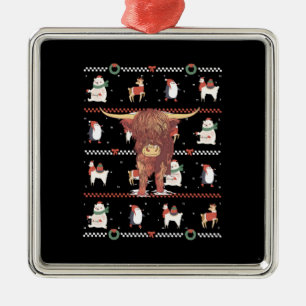 Ornement Carré Argenté Highland Cow Ugly Christmas