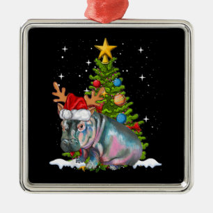 Ornement Carré Argenté Hippo Fiona Arbre de Noël Hippopotame